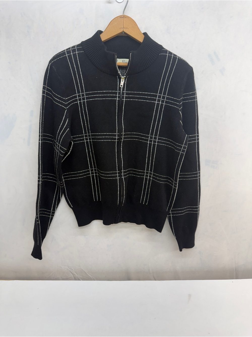 Black Grid Zip-Front Crew Sweater